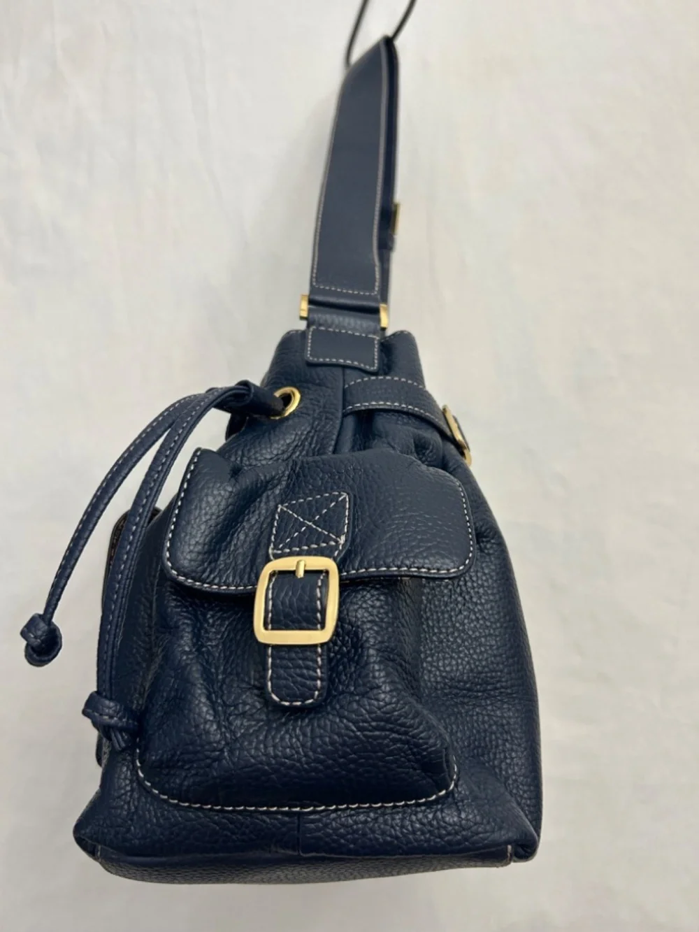 MAXX New York Navy Blue Pebbled Leather Hobo Buckle Strap Shoulder Handbag